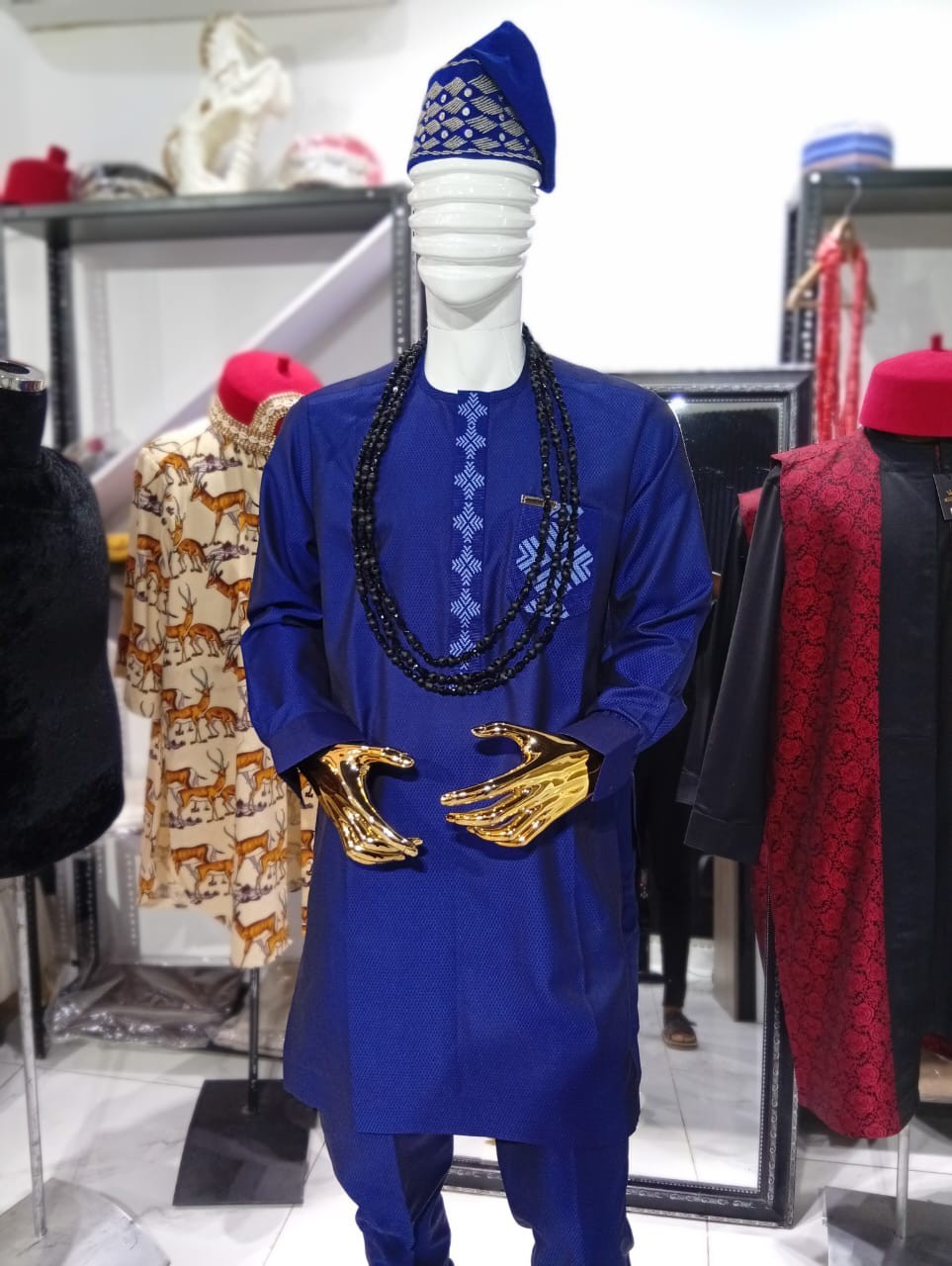 African Men kaftan/ Agbada set Blue kaftan embroidered free size.