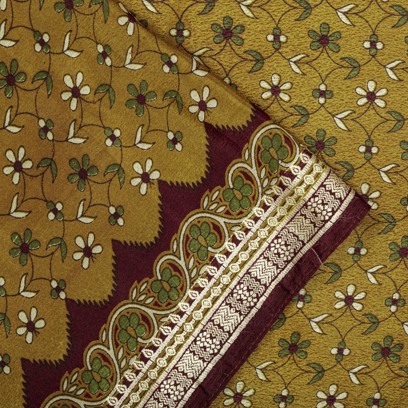 Sanskriti Vintage Yellow Moss Crepe Saree Floral Print Fabric 5+Yard Craft Sari