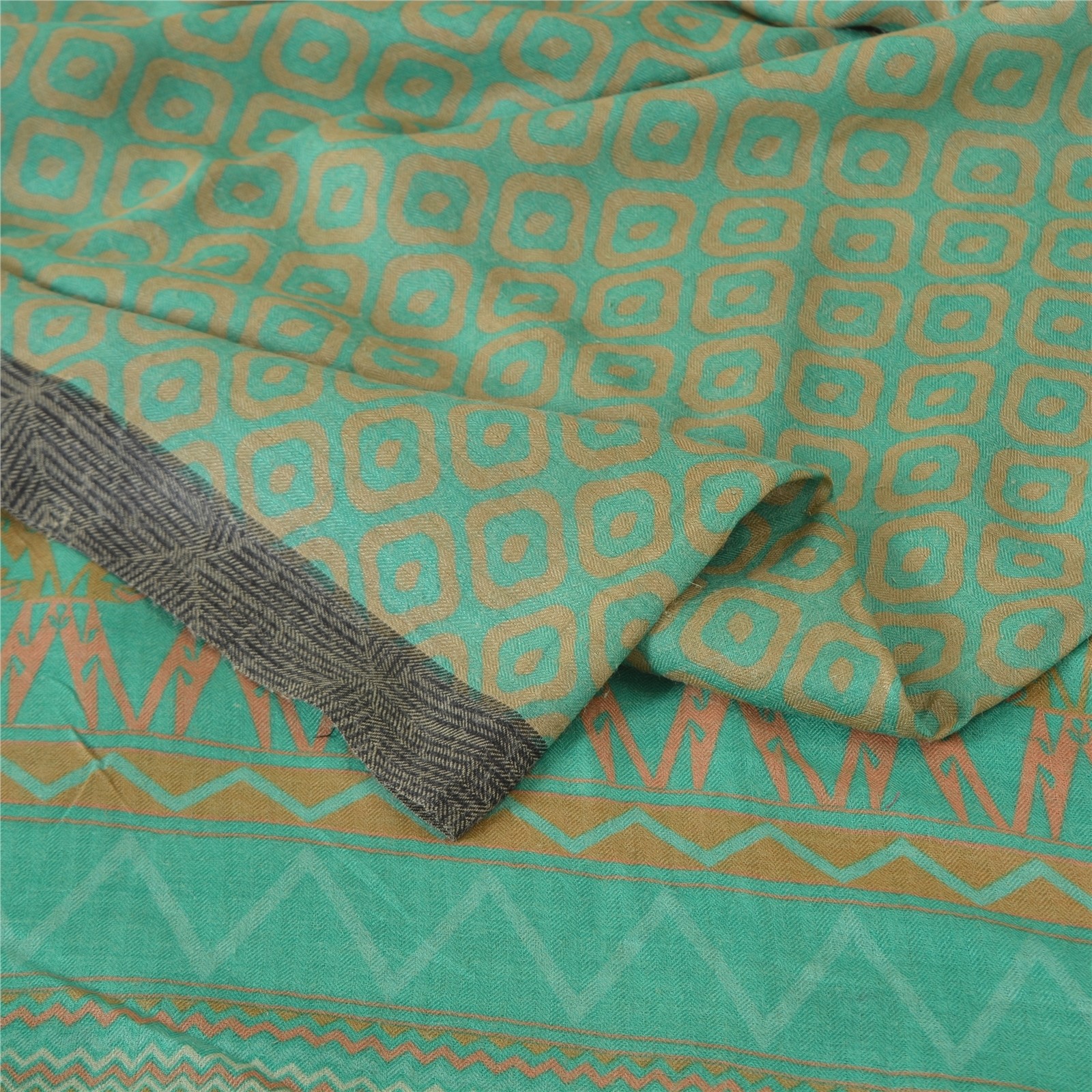 Sanskriti Vintage Blue Sarees 100%Pure Woolen Print 5+Yd Sustainable Fabric Sari