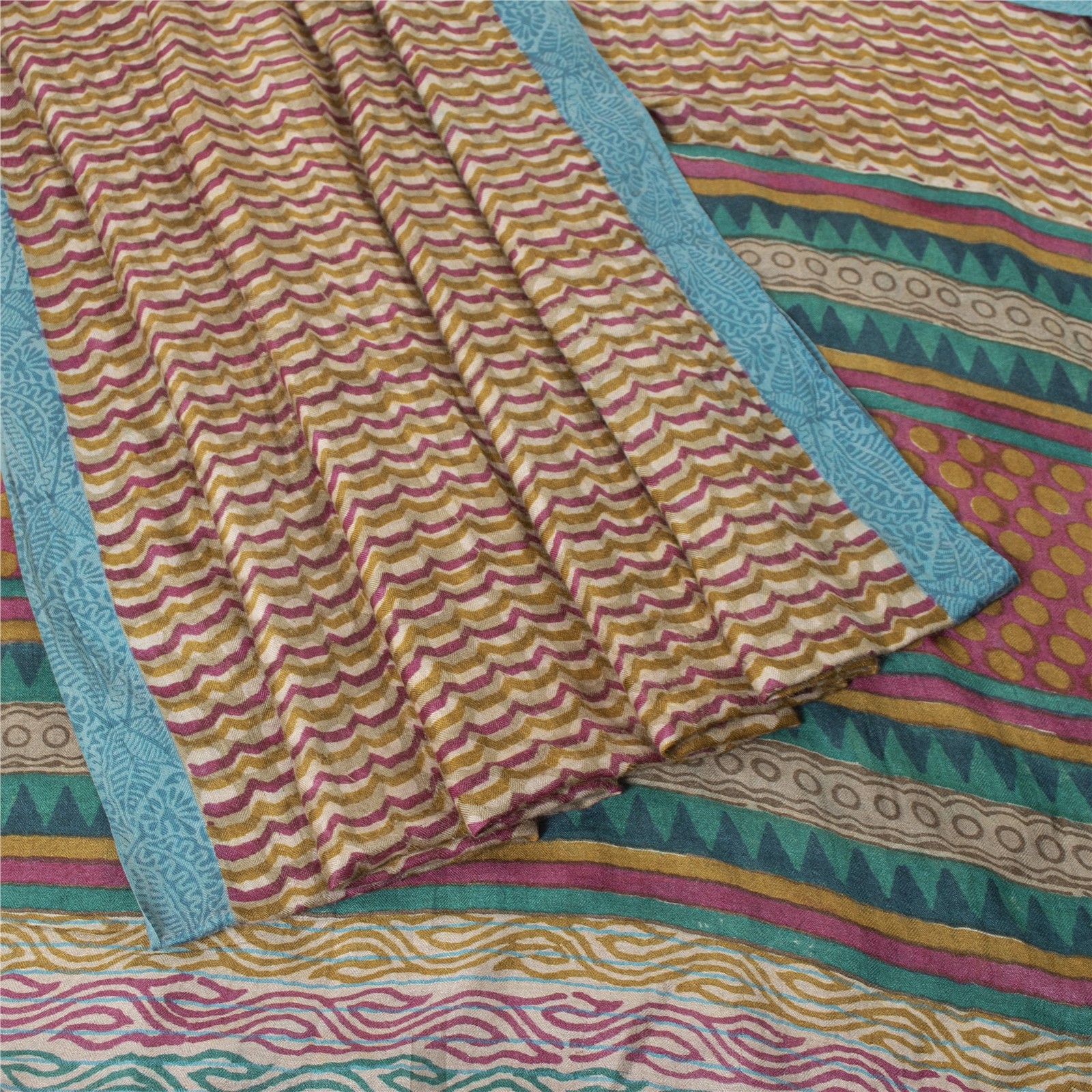 Sanskriti Vintage Sari 100% Pure Woolen Geometric Print 6Yd Sarees For Crafters