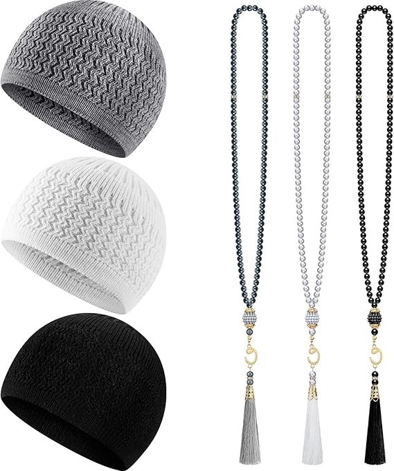 6 Pieces Kufi Hats for Men Muslim and Muslim Prayer Beads Set 3 Handicraft Kn…