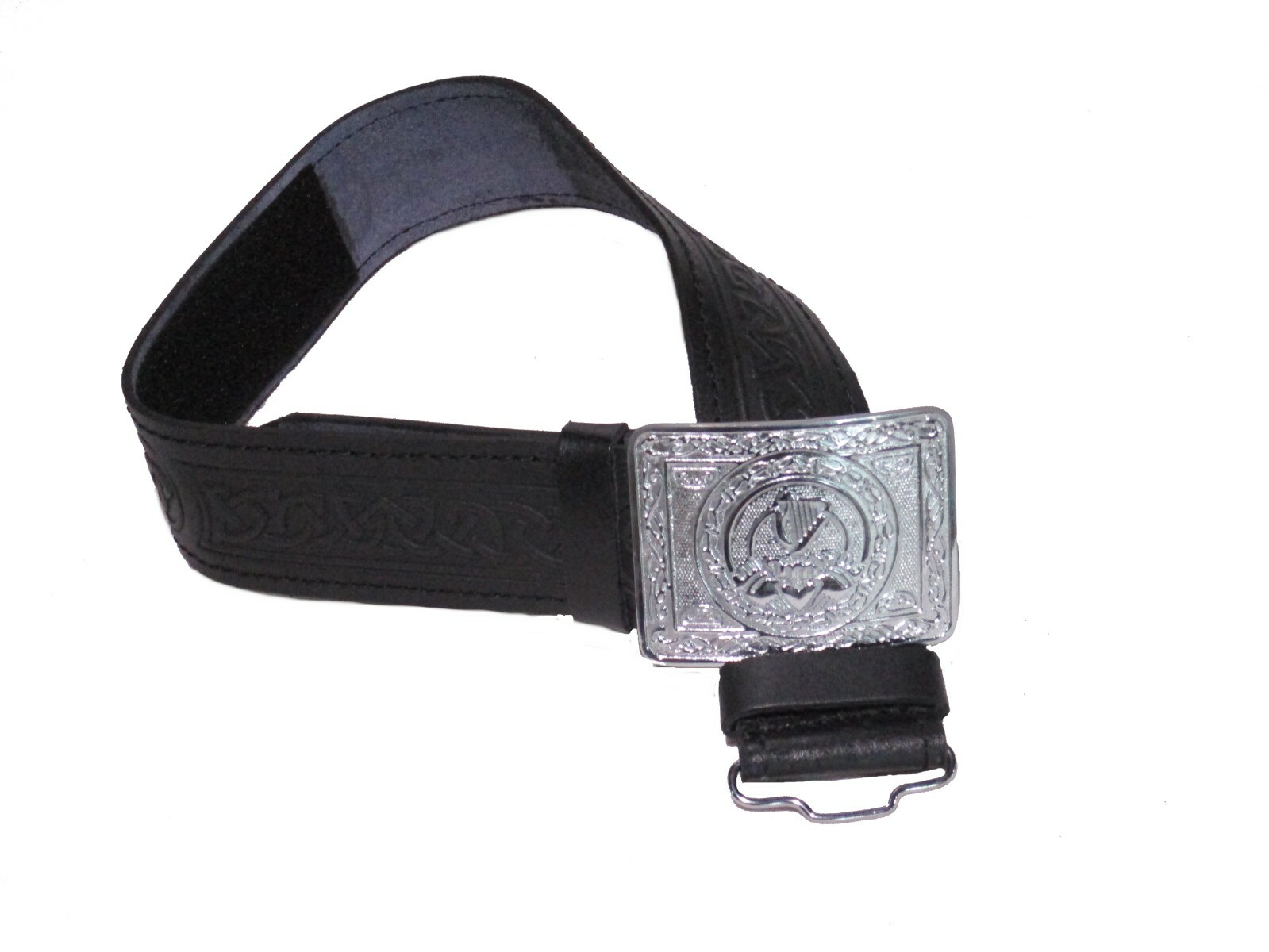 Leather Celtic Design Kilt Belt Black Scottish Chrome Finish Buckle Brown