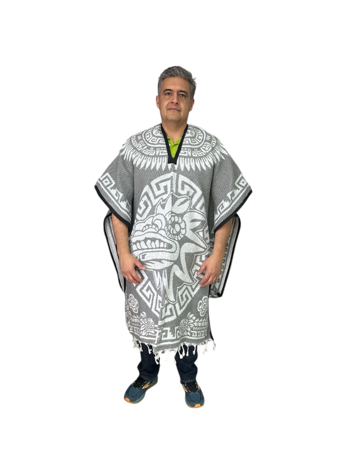 XXXL MEXICAN PONCHO , QUETZALCOATL , ONE SIZE , GABAN , LIGHT GRAY & WHITE