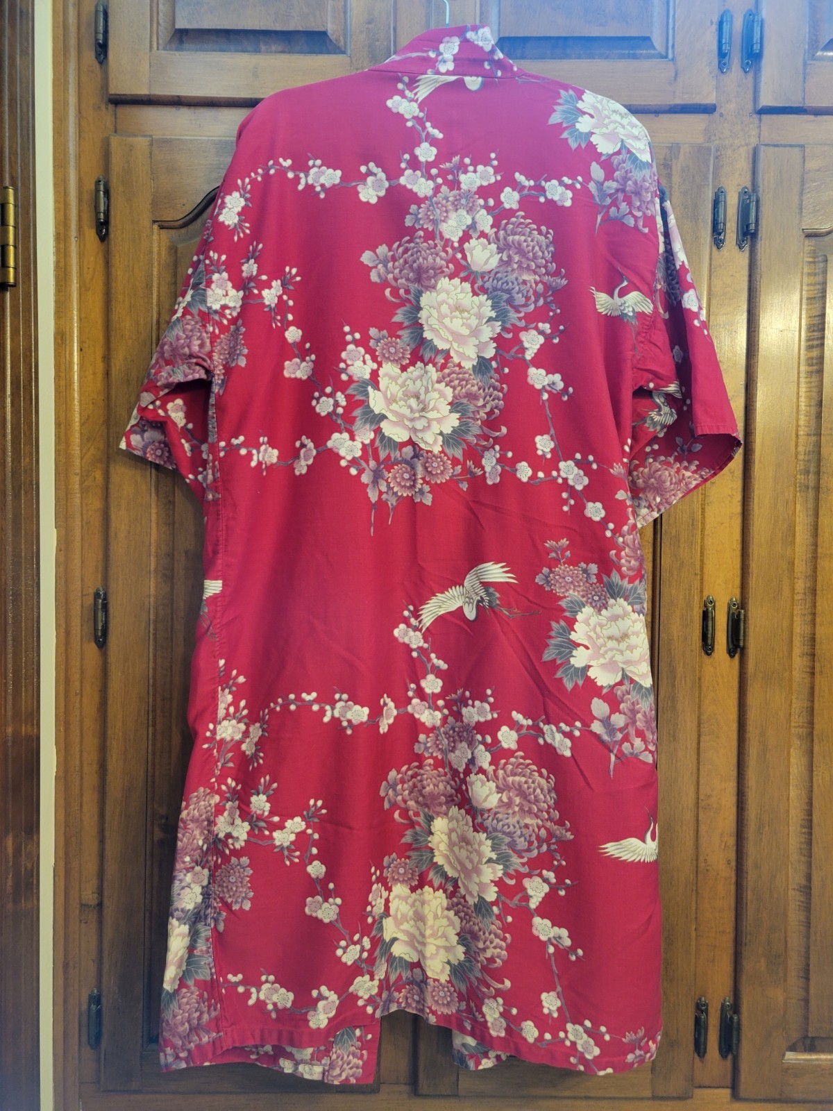 Japanese Cotton Kimono Robe Red Floral Crane Pattern Woven-One Size