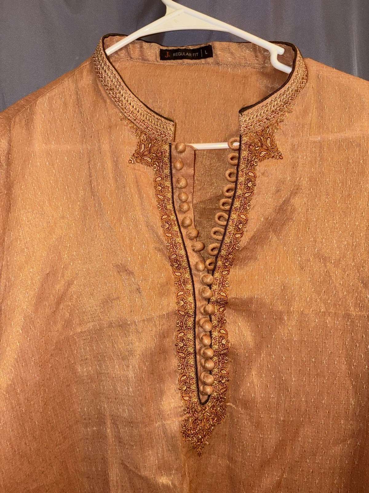 Men’s Embroidered Silk Satin Kurta Long Sleeve Brown Traditional Tunic L