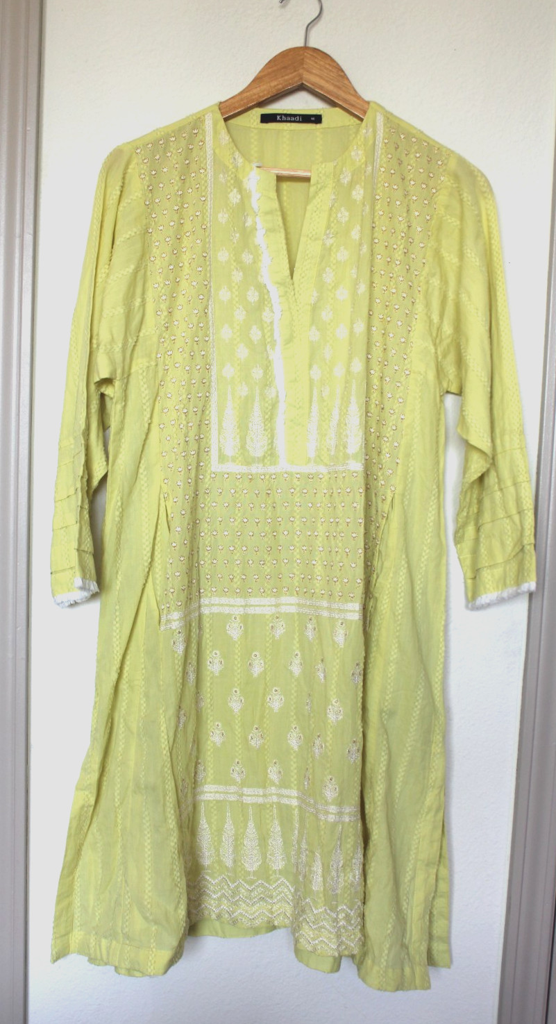 Khaadi Pakistani 100% Cotton Kurti Dress Womens 16 Yellow Lime Embroidered Tunic