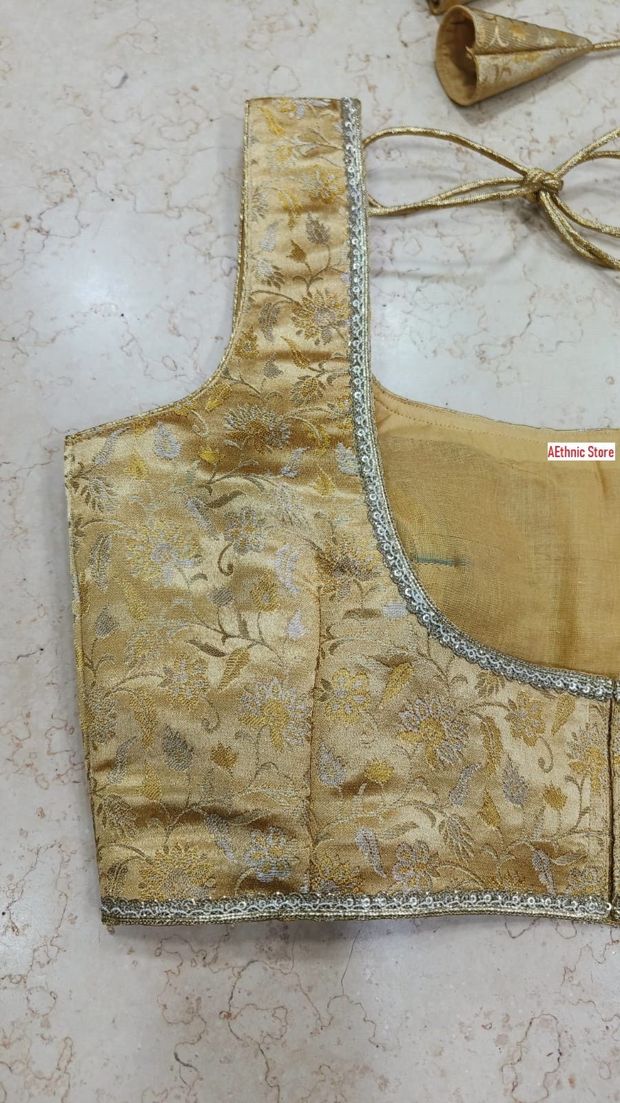 Golden Brocade Silk Saree Blouse Round Neck, Zari Lace, Sleeveless size 32 to 42