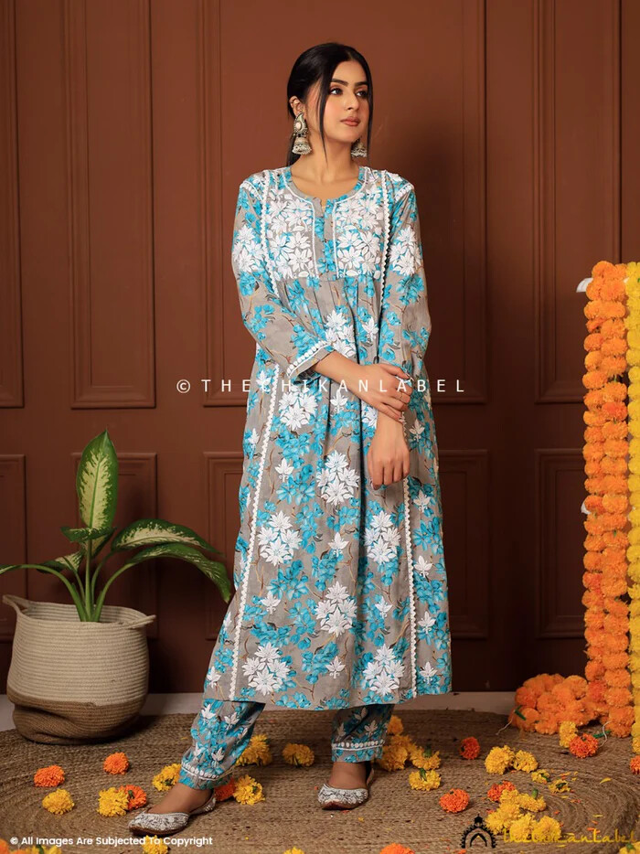 Green Modal Chikankari Straight Kurta Set Lucknow Chikankari Handcrafted Set