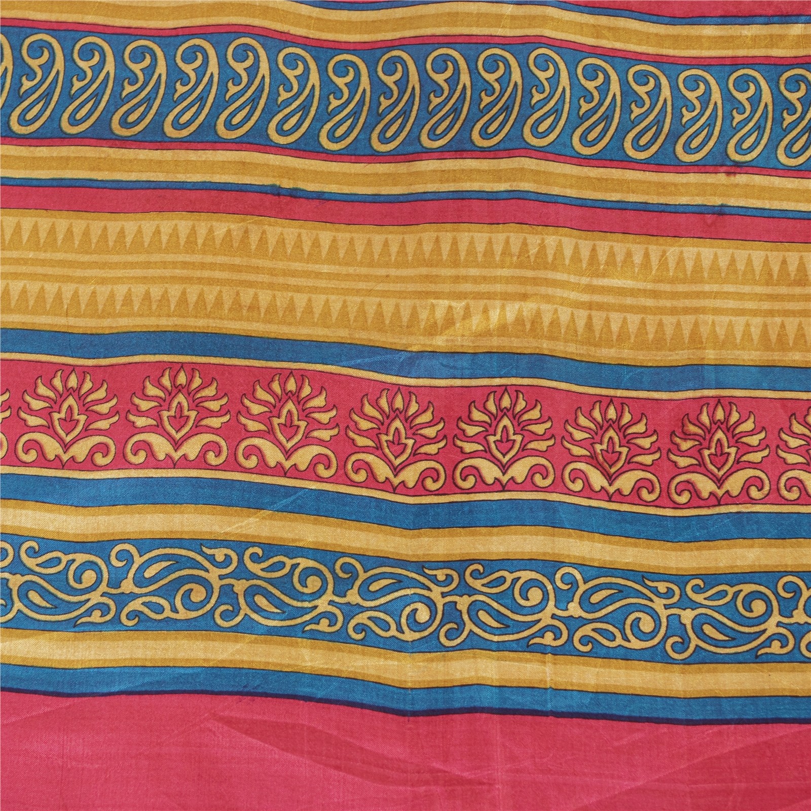 Sanskriti Vintage Sarees Pink & Cream Pure Silk Printed Sari 6+Yd Craft Fabric