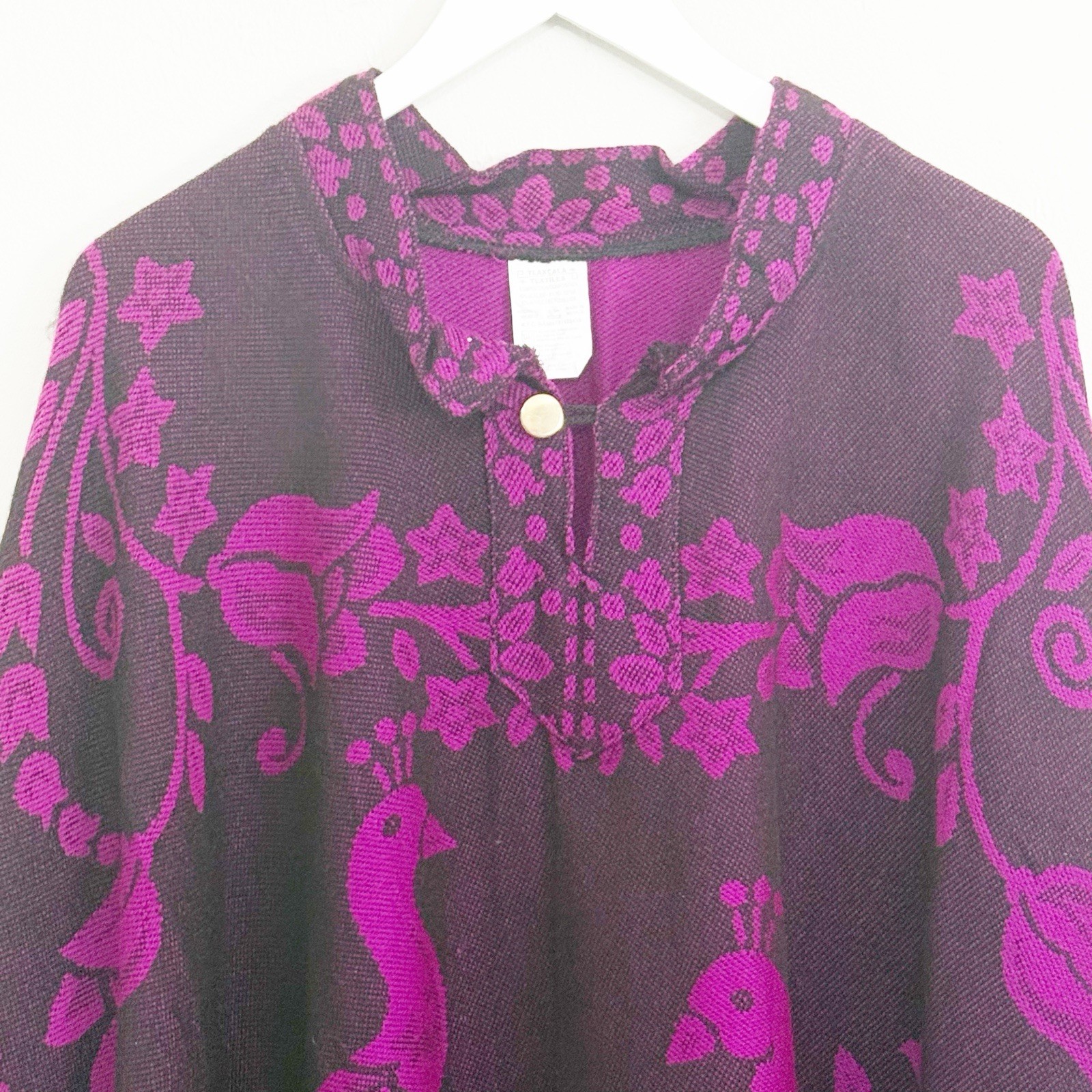TLAXCALA TEXTILES Purple Black PEACOCK Poncho Cape Fringe Boho Mexican Button OS