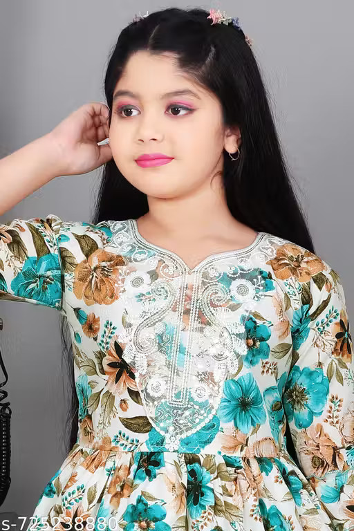 Girls Cotton Floral Kurta Sharara Set with Round Neck & 3/4 Sleeves for Festival