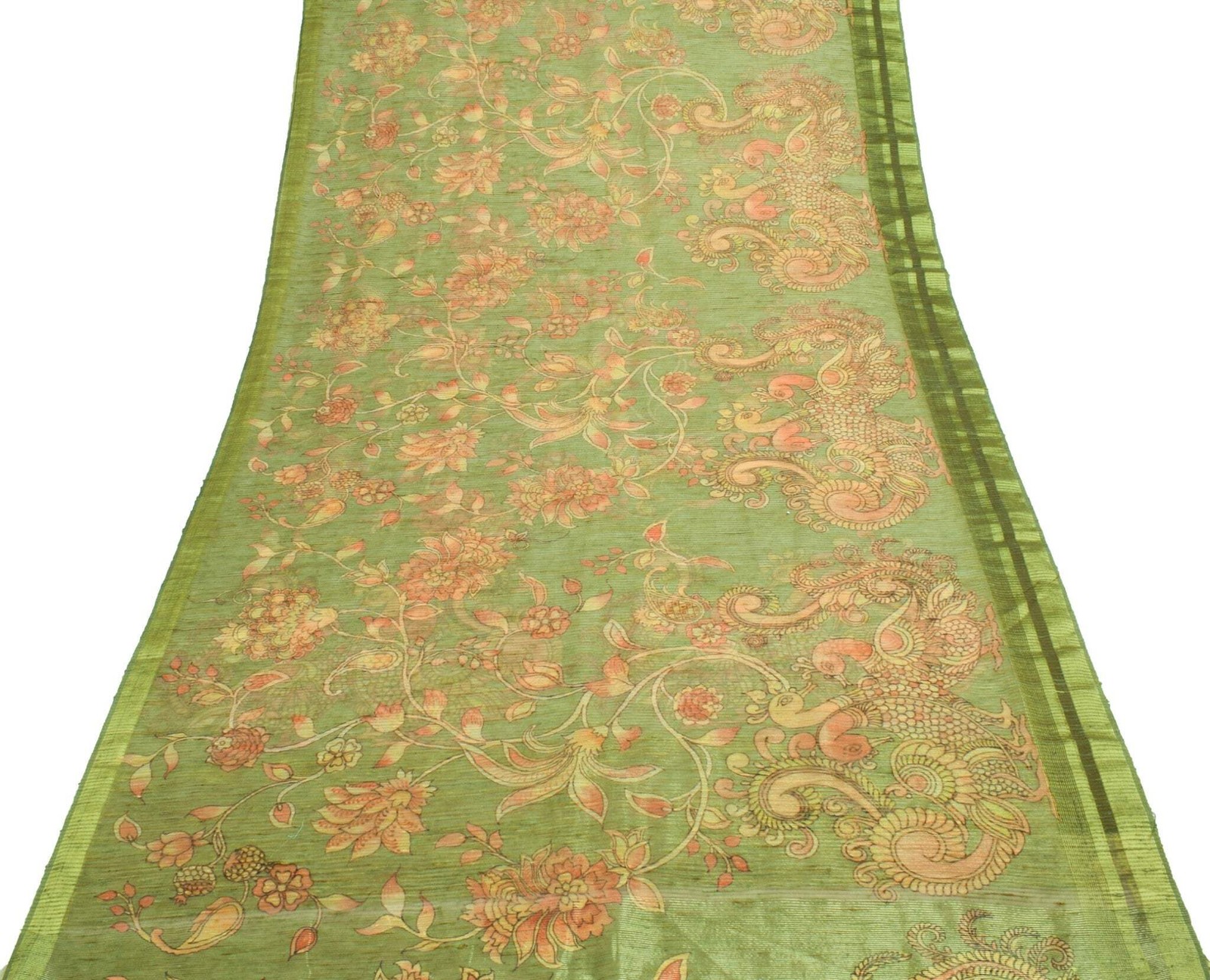 Sushila Vintage Green Silk Saree Kalamkari Printed & Woven Peacock Sari Fabric