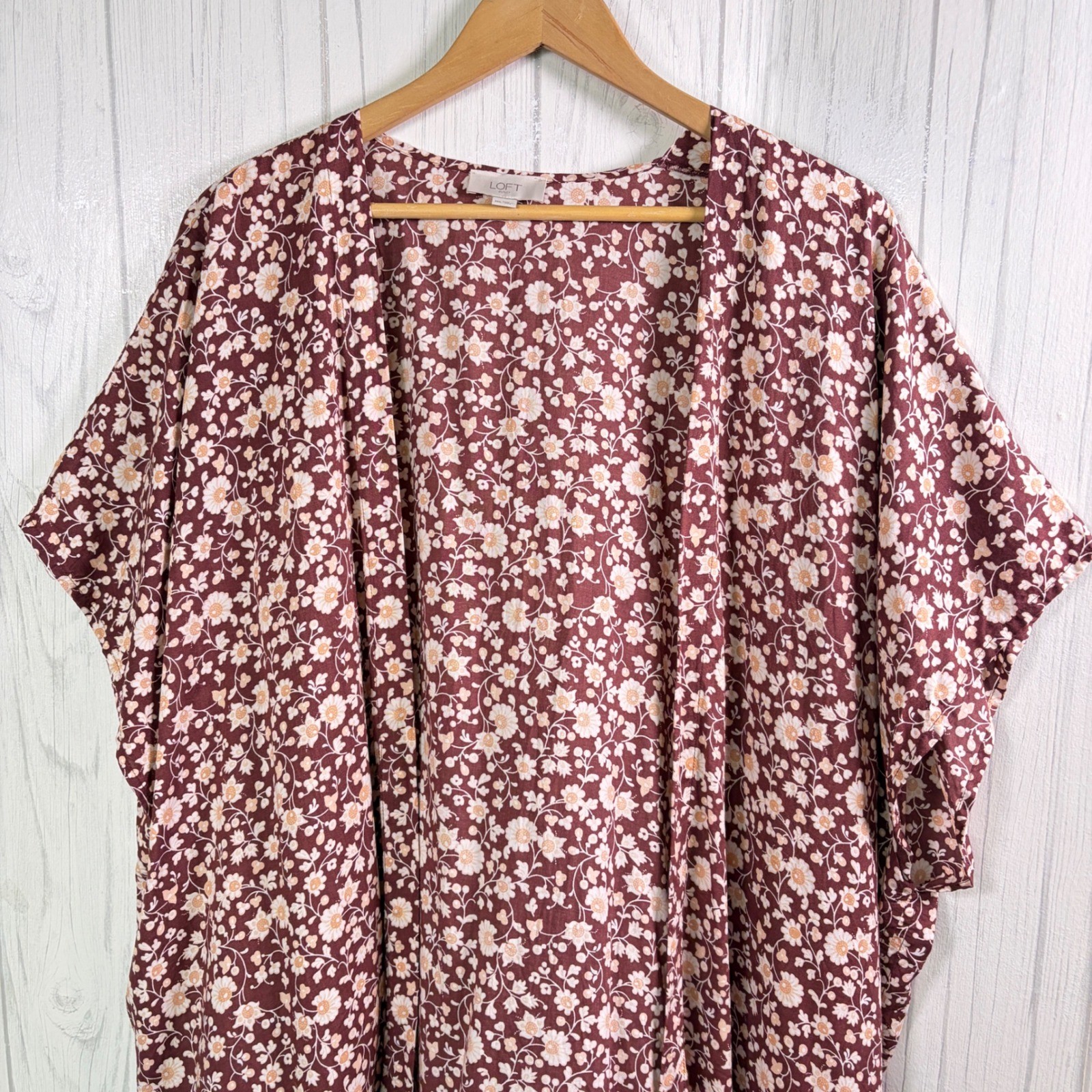 LOFT Burgundy-Brown & Beige Floral Lightweight Kimono Cottagecore Boho, M/L