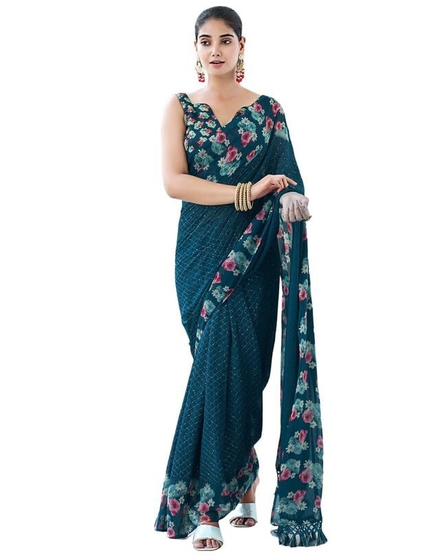 Women’s Georgette Printed Sequence Work, Saree With Unstitched Blouse Piece
