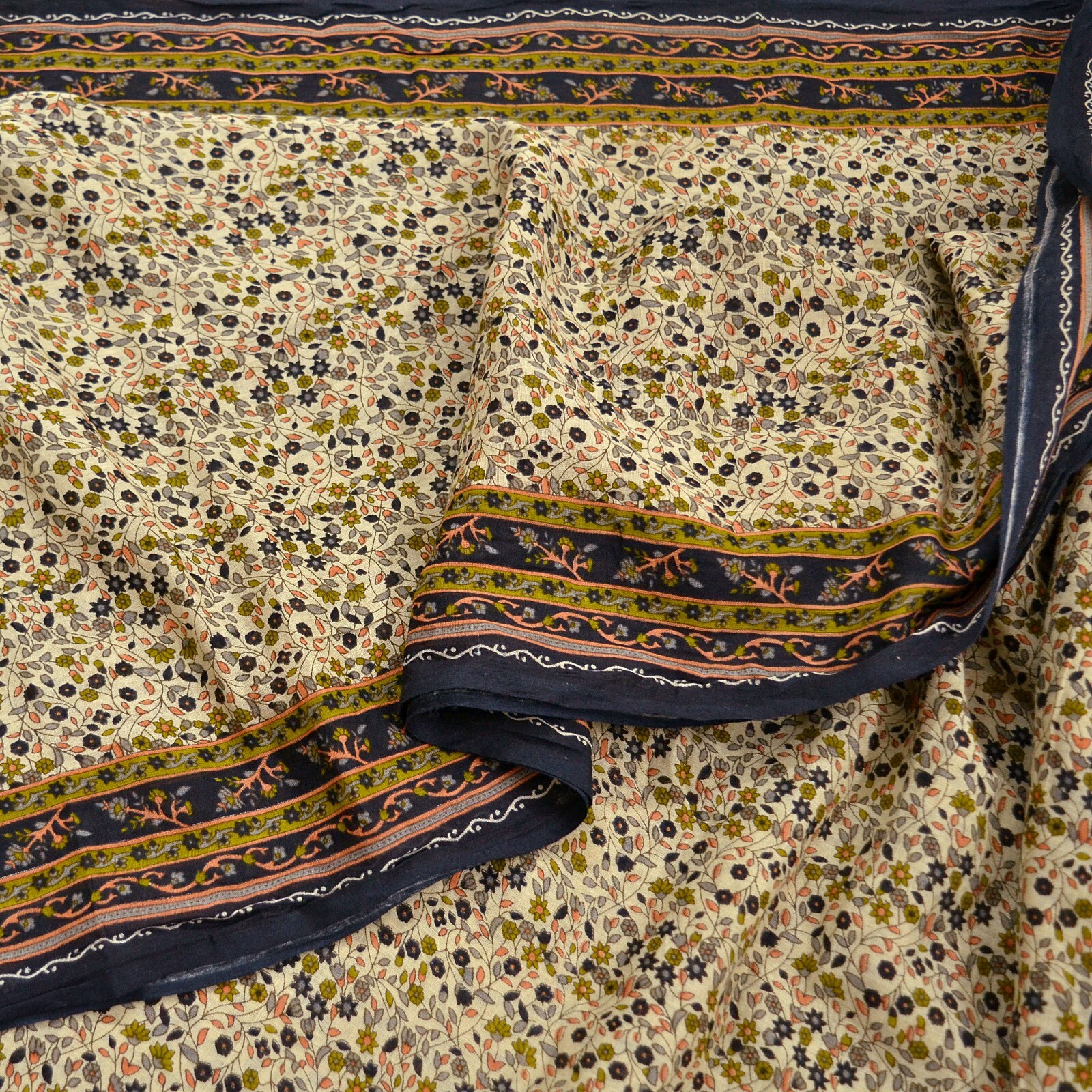 Indian Vintage Sari Ivory Printed Pure Cotton Sarees 5Yd Craft Fabric Sarong