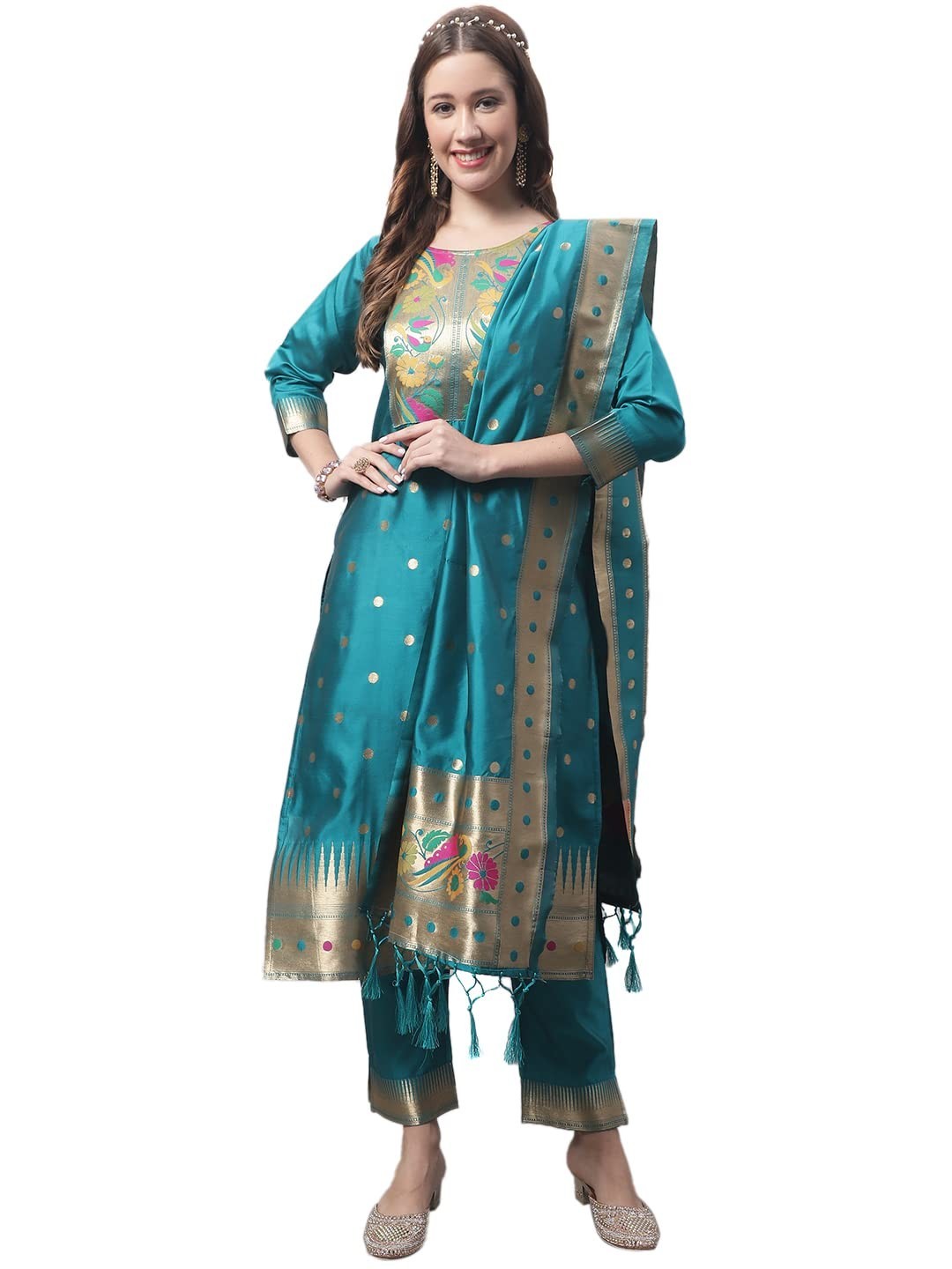 Women’s Cotton Silk Jacquard Straight Kurta with Pant & Banarasi Silk Dupatta