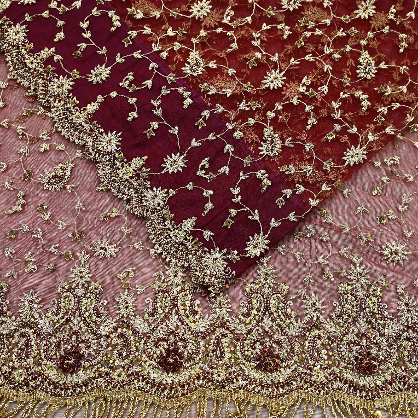 Vintage Heavy Sari Maroon Net/Mesh Hand Embroidered Sarees Fabric 6Yd Ethnic
