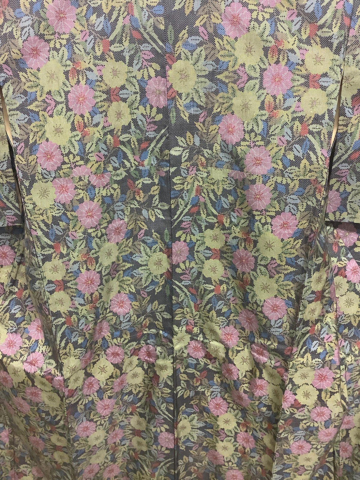 Japanese Vintage Kimono Polyester Black Flower Expensive Dirt Height 59.05in