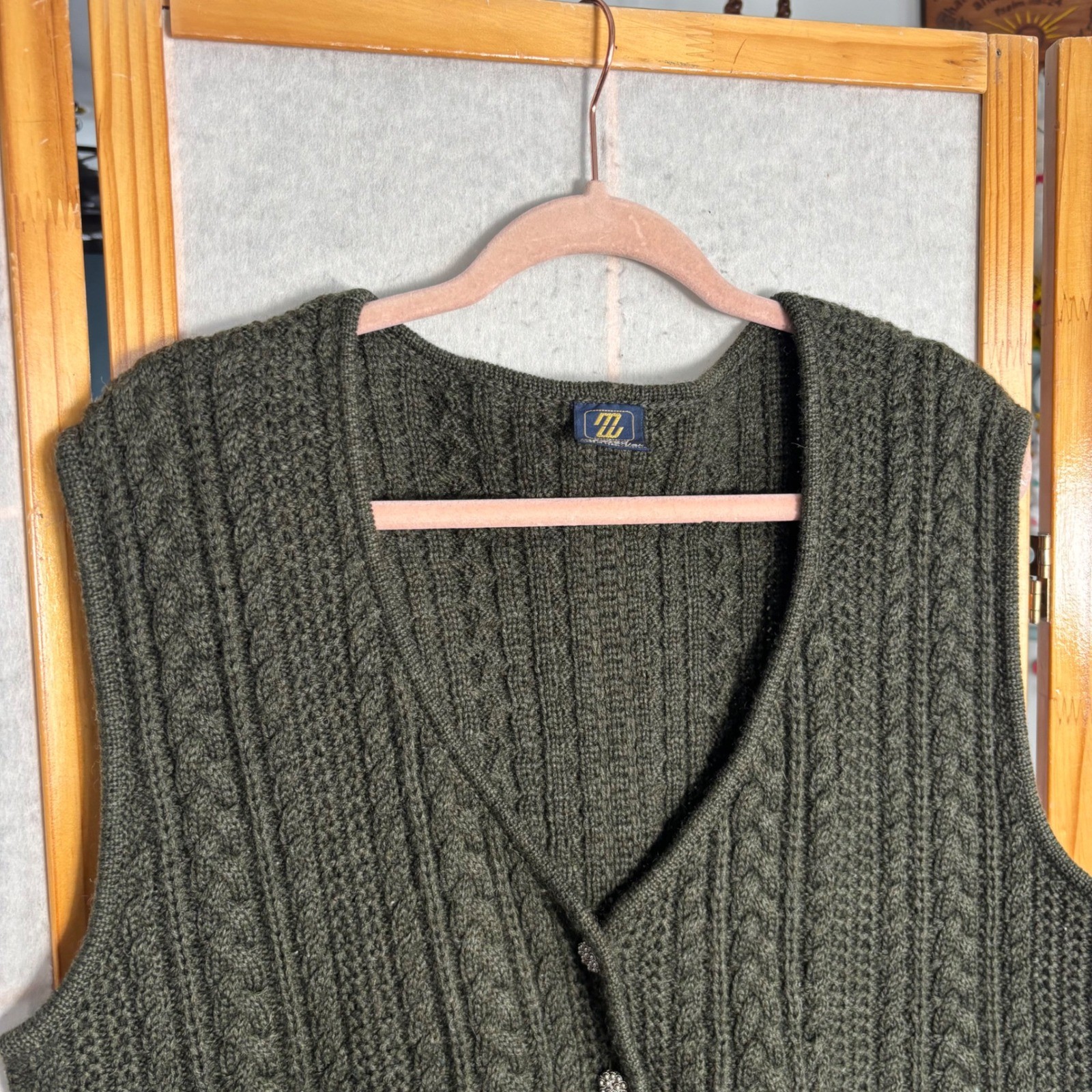 Manfred Wesenjak Pure New Wool Cable Knit Vest Dark Green Womens Med/Lrg VTG