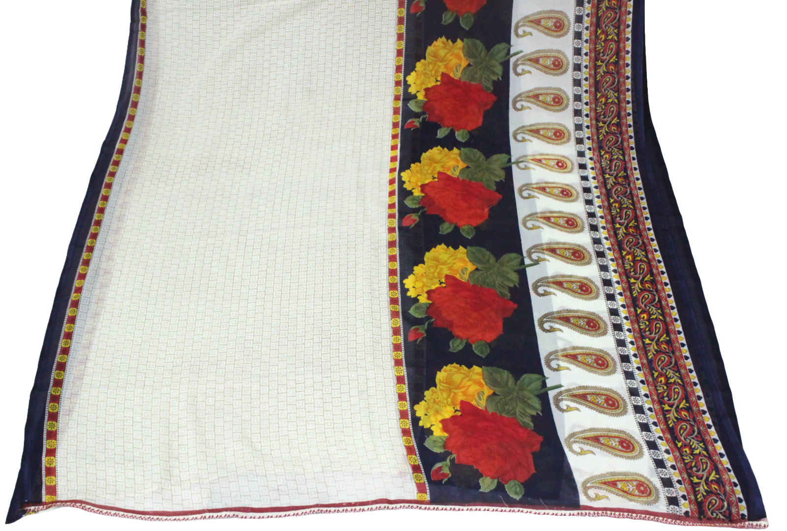 Indian Beige Saree Vintage Floral Print Used Craft Fabric Sewing Georgette Sari