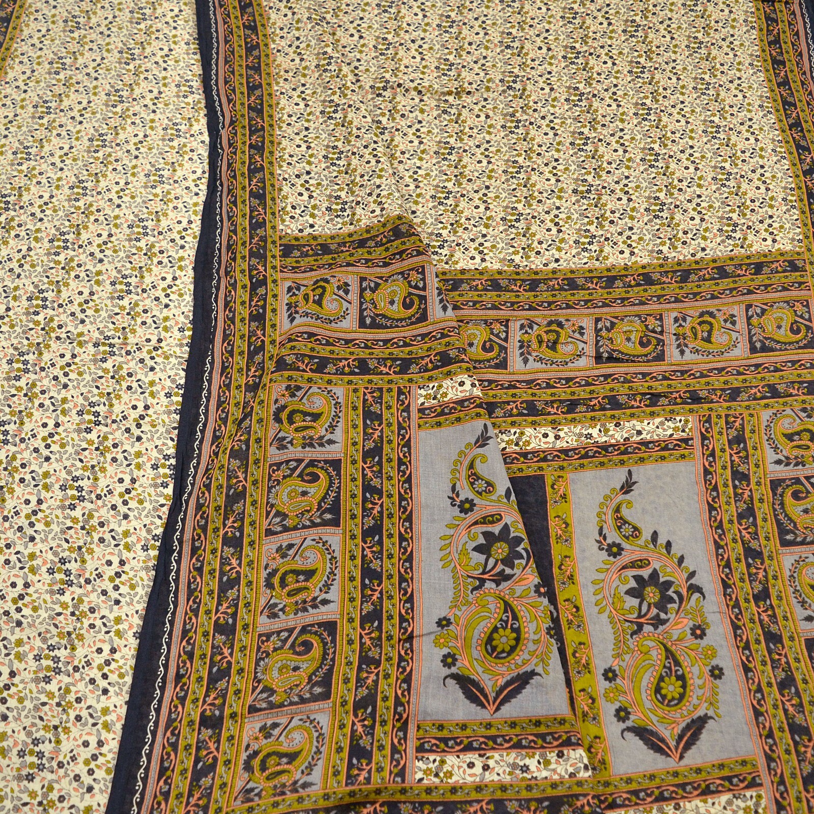 Indian Vintage Sari Ivory Printed Pure Cotton Sarees 5Yd Craft Fabric Sarong
