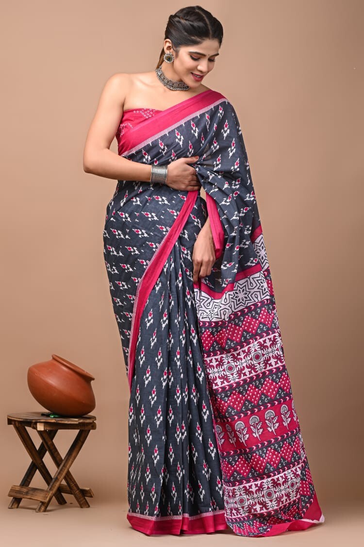Hand Block Saree Pink Border Grey