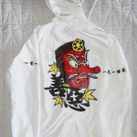White Japanese Tengu Mask Graphic Hooded Windbreaker Jacket Kanji Streetwear