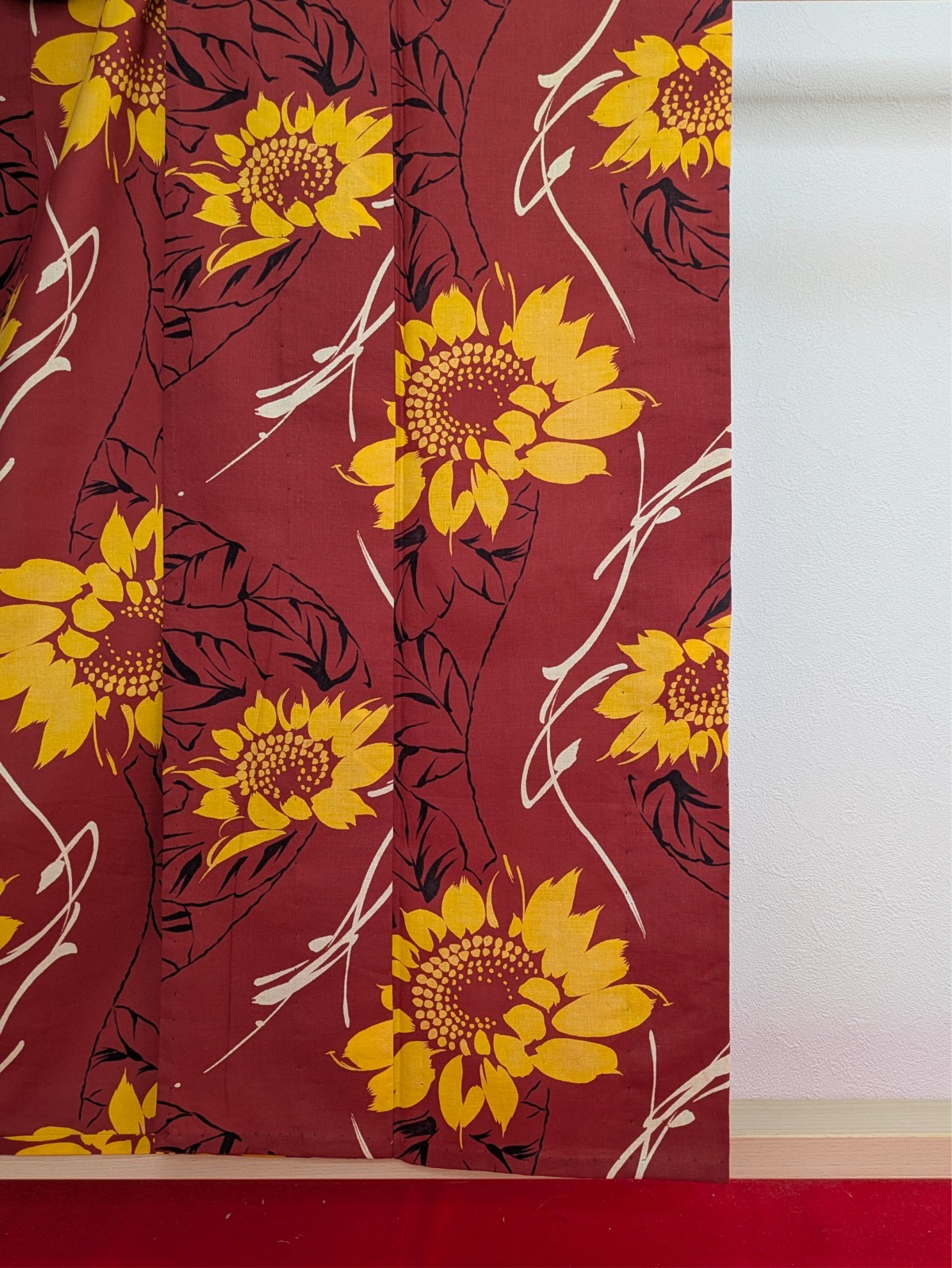 Japanese Kimono Cotton Yukata Dark Red Yellow Black Sunflower Floral Summer Wear