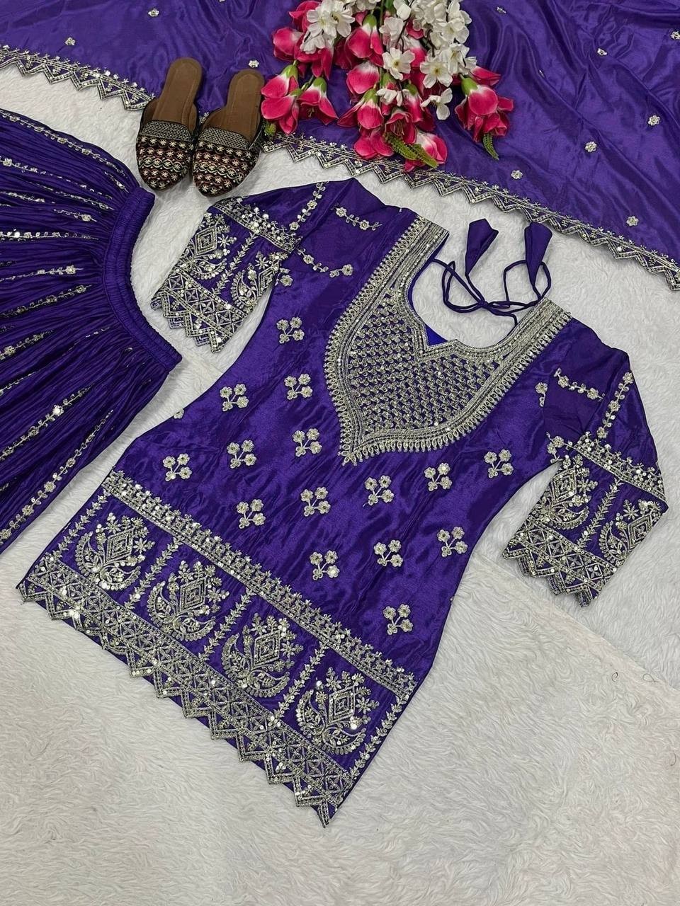 Latest Heavy Chinon Silk Purple Top Palazzo With Dupatta For Functional Wear