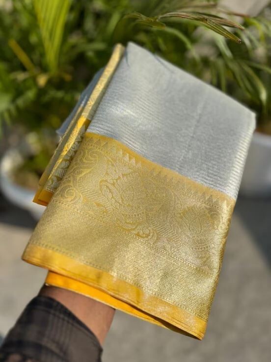 Women Banarsi Tissue Soft Silk Saree With Contrast Brocade Gold Blouse