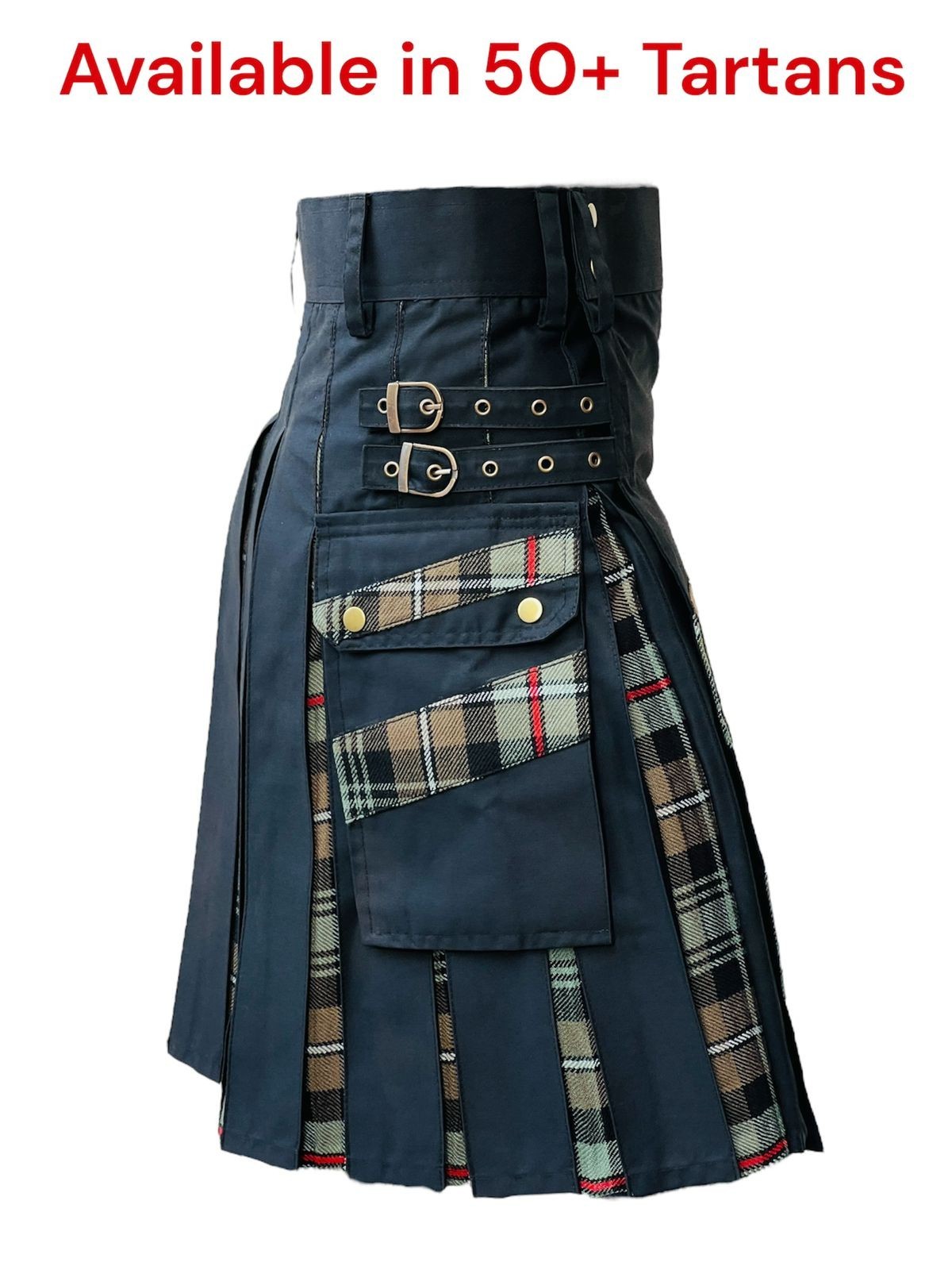 Black Hybrid Men Kilt Scottish Tartan Inner Plates Black Utility in 50+ Tartans