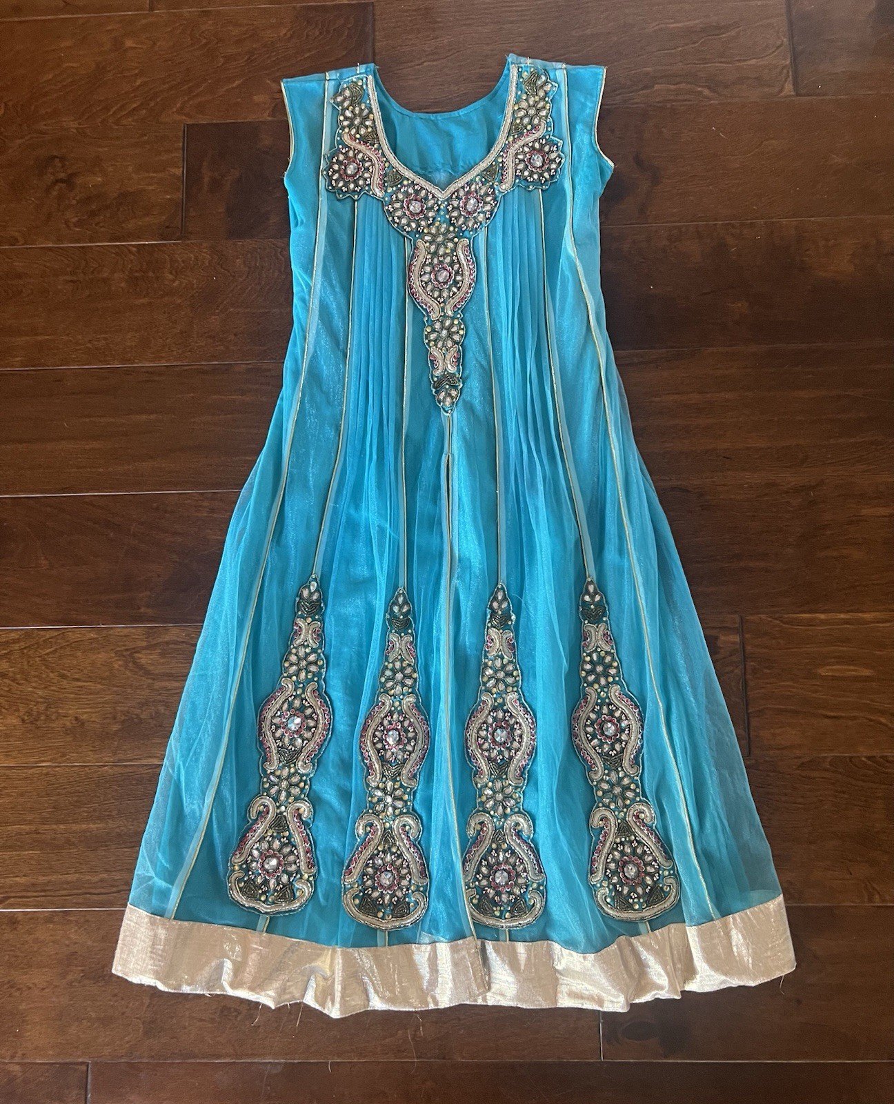 Handmade Custom Anarkali dress/suit Teal/Gold Embellished Size 11/12 India