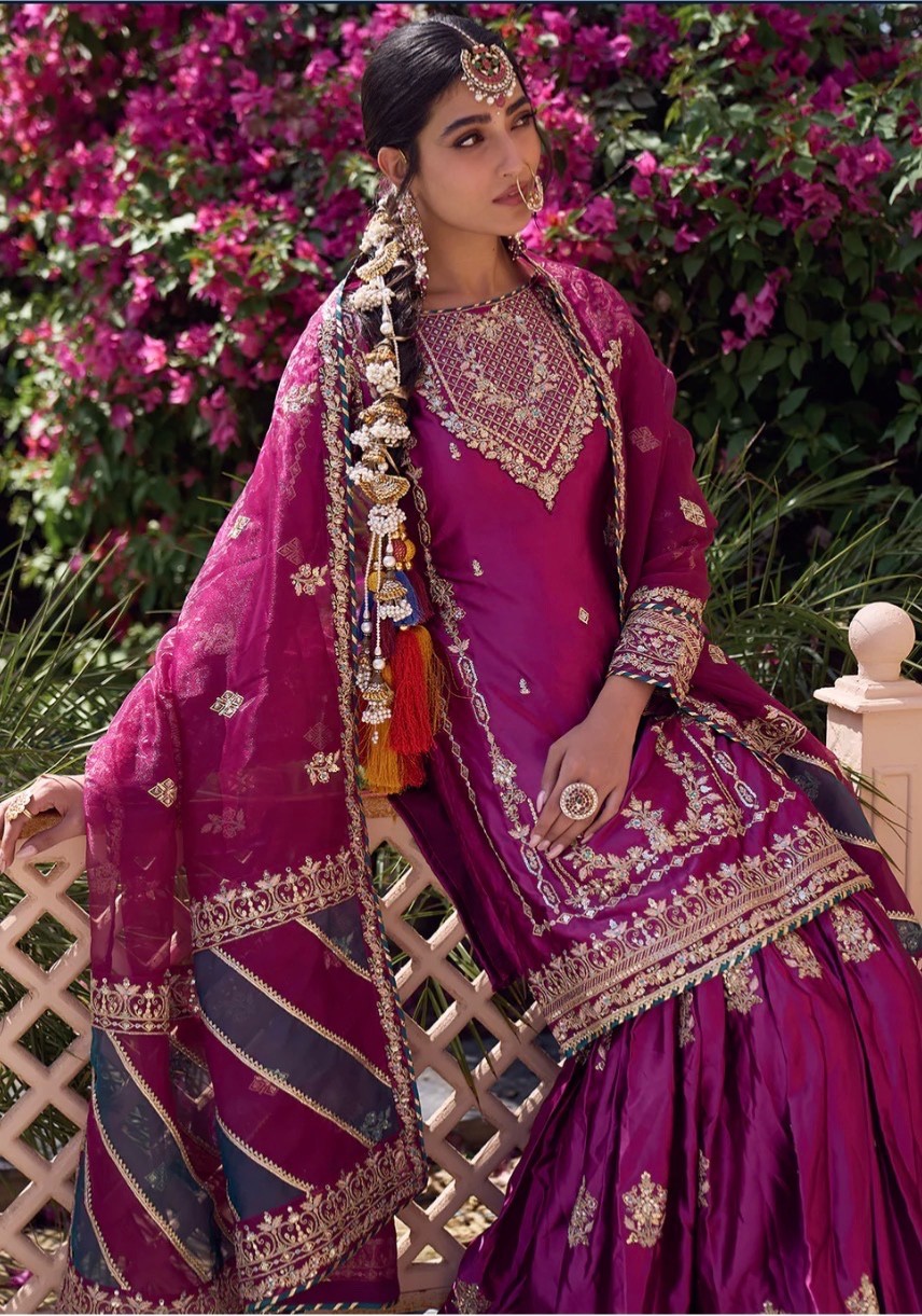 Indian Pakistani deep wine embroidered gharara suit