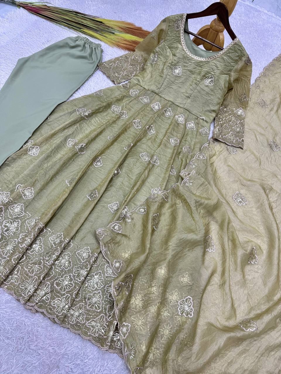 Beautiful Olive Green Gold Crush Silk Gown Bottom With Dupatta For Festival