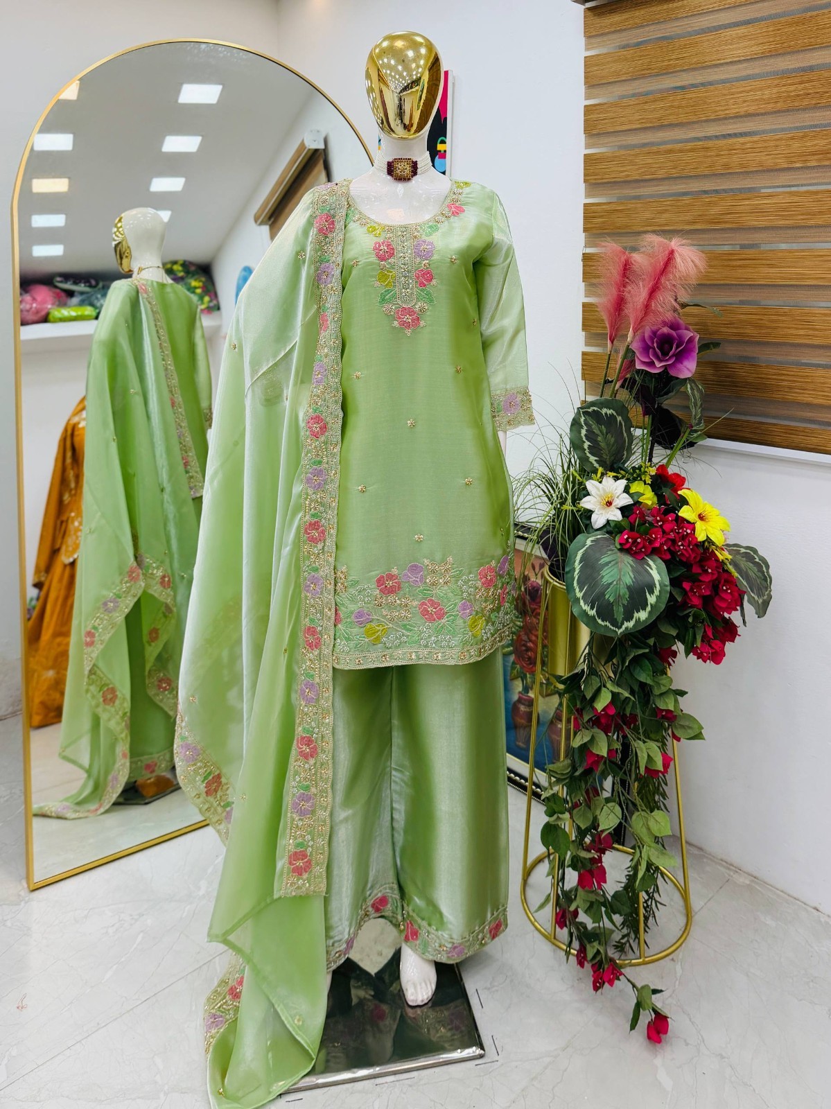 Stylish Look Heavy Silk Pista Green Top Palazzo With Dupatta For Wedding Wear