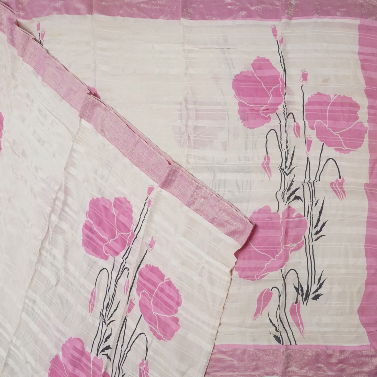 Vintage Pink Saree 100% Pure Silk Georgette Printed Floral Sari 5YD Craft Fabric