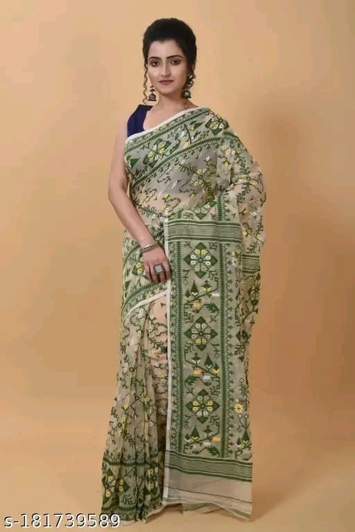Traditional Bengali Handmade Jamdani Saree With Unstitched Bloused Wedding Wear