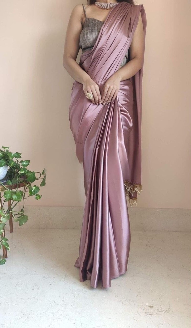 Solid/Plain Bollywood Satin, Silk Blend Saree (Beige)
