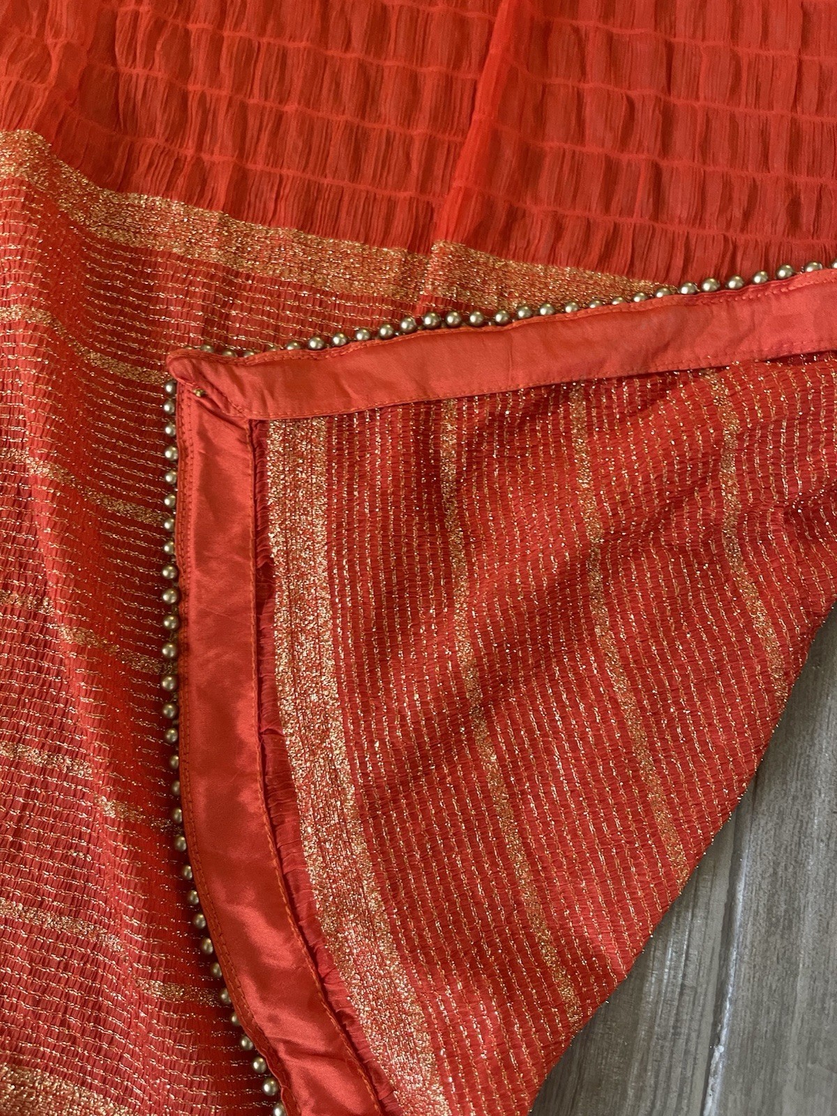 Orange Duppatta Golden Thread And Beads 1”area Missing Beads Photo 28×91