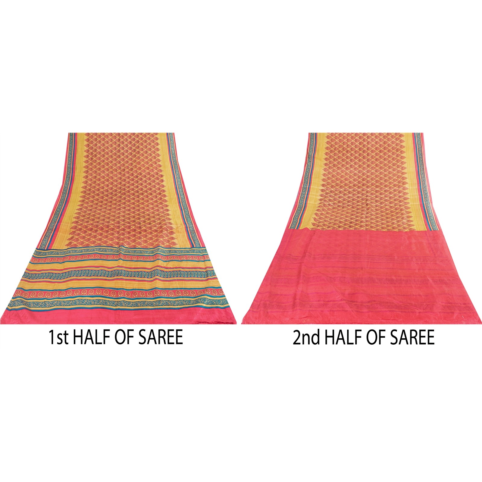 Sanskriti Vintage Sarees Pink & Cream Pure Silk Printed Sari 6+Yd Craft Fabric