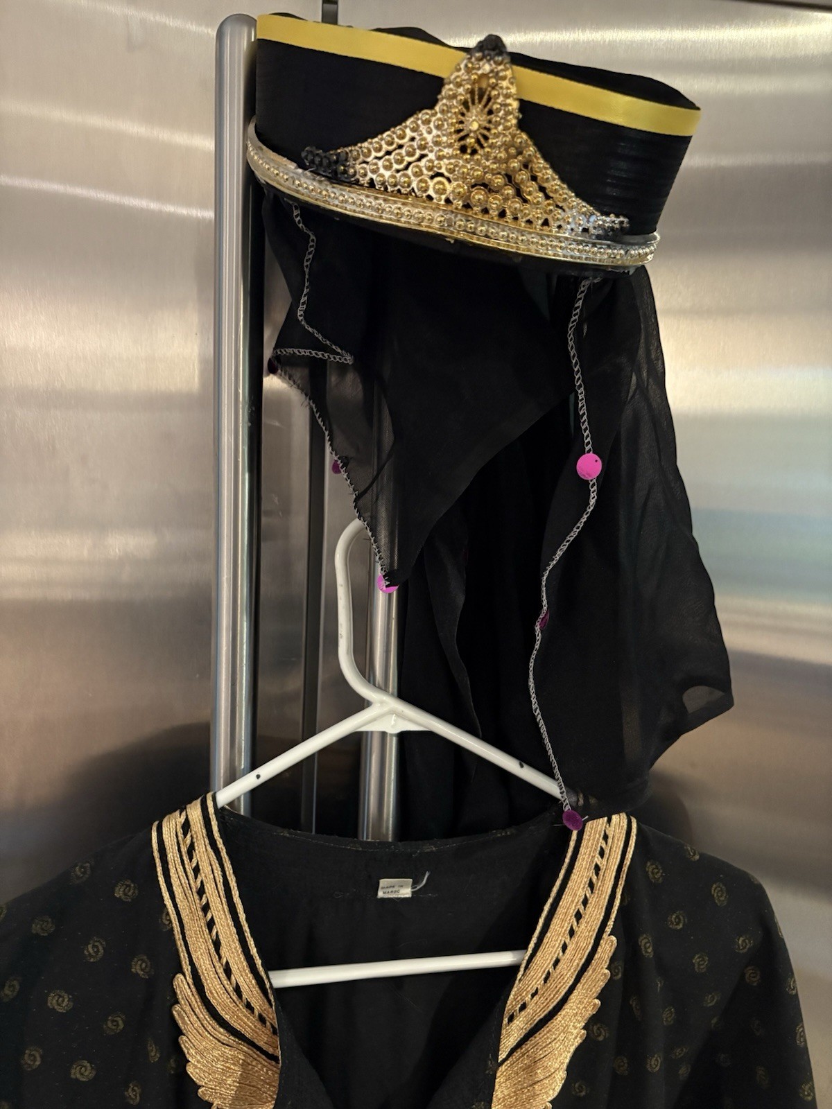 Vintage Moroccan Kaftan Black Gold Braid Boho Ethnic Dress Hat Nile Cruise