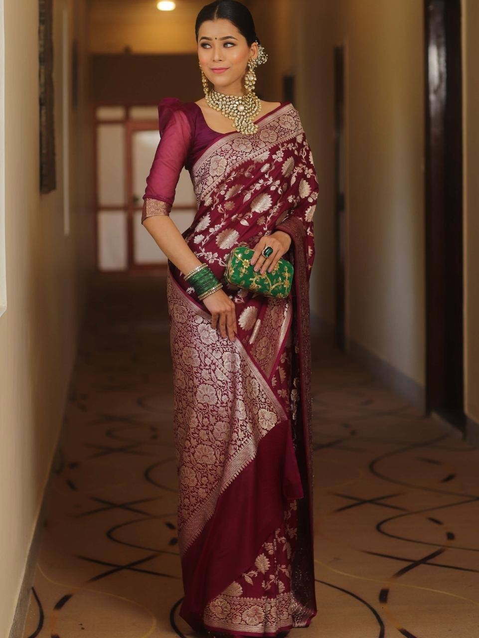 Indian Wedding Saree Maroon Soft Silk Jacquard with Rich Pallu & Brocade Blouse