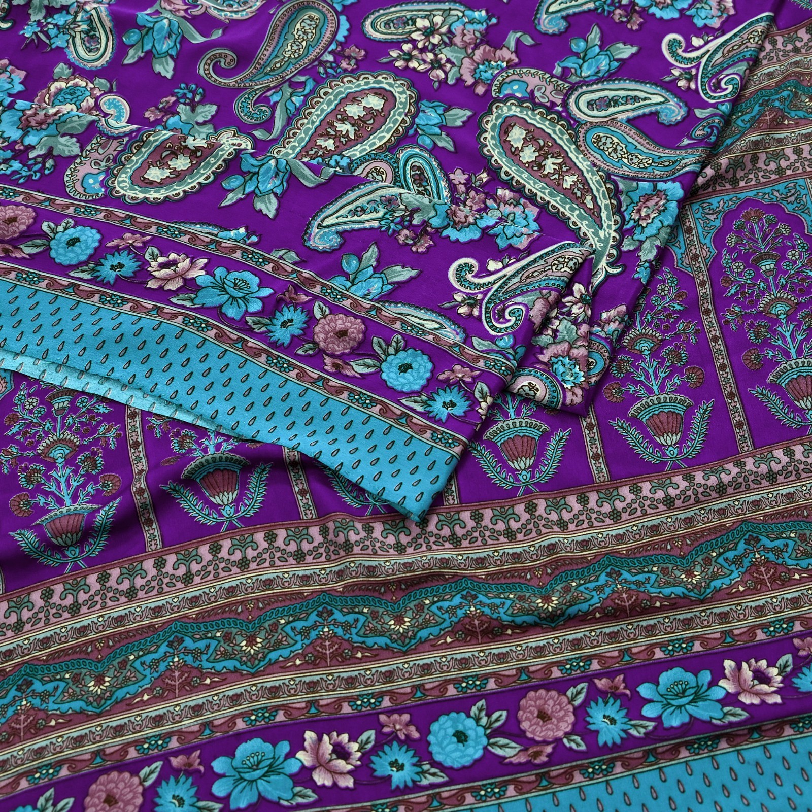Indian Vintage Purple & Blue Moss Crepe Saree Printed Floral Sari Fabric 6 Yards
