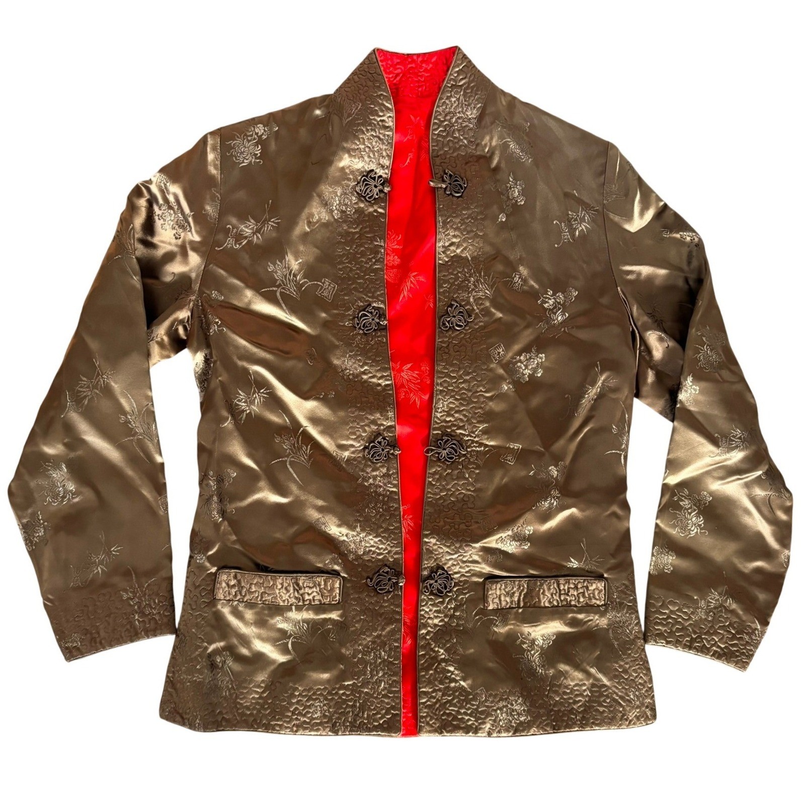 Vtg Peony Brand Satin Chinese Jacket Sz S Reversible Gold Bronze Red Shanghai