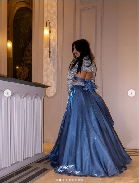 Shimmer Blue Party Wear Indo-Western Lehenga Set | Handcrafted Crop Top