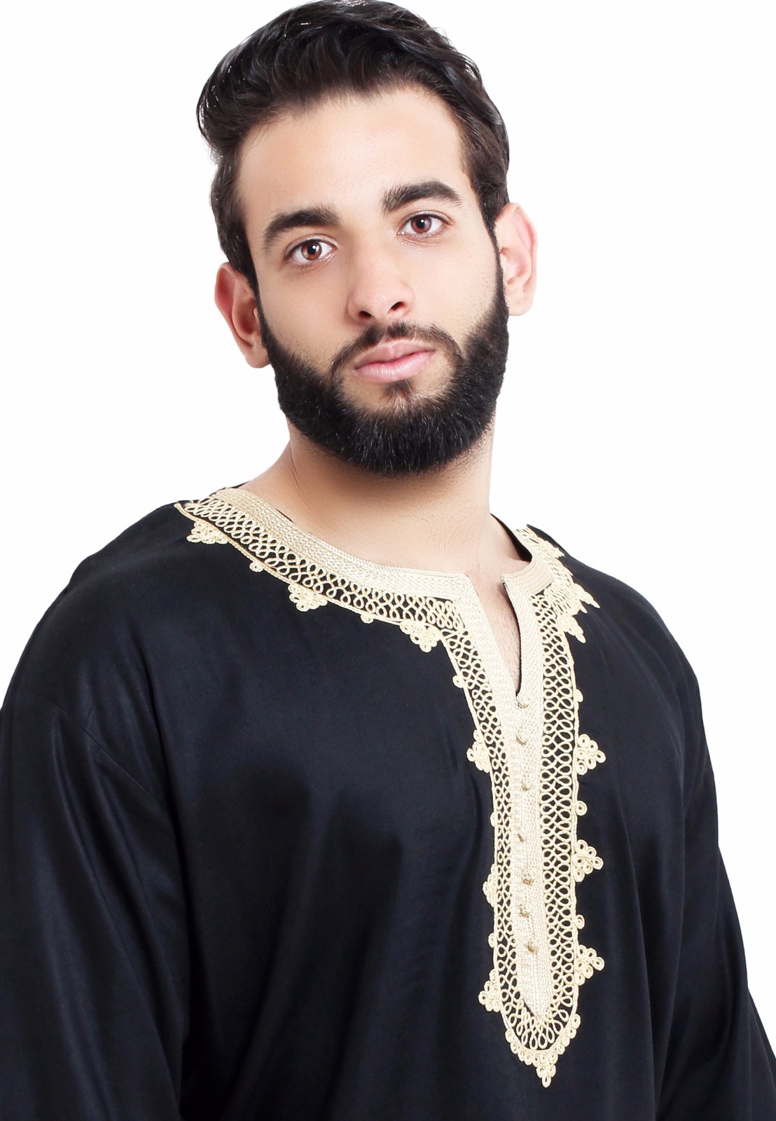 Moroccan Men Tunic Shirt Cafan Casual Handmade Embroidered Cotton Large Black