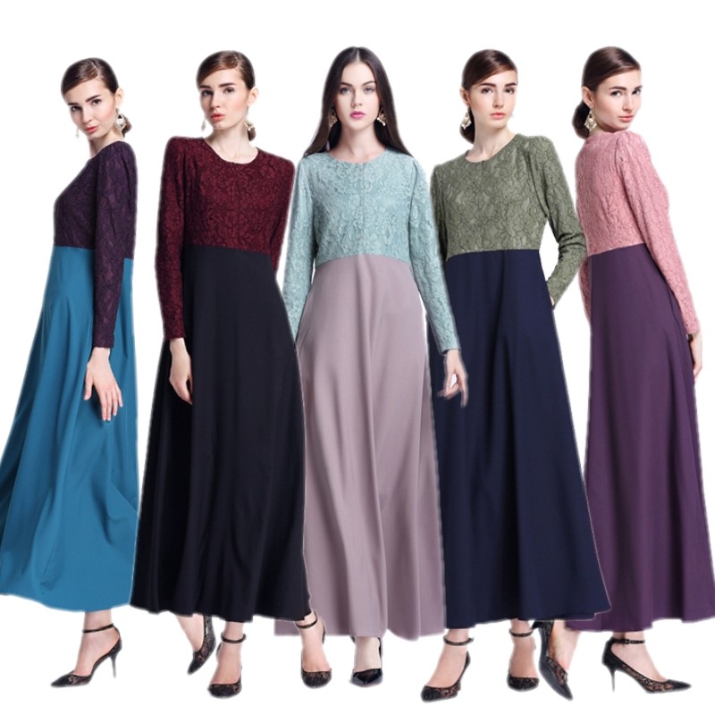 Women’s Round Neck Lace Long Sleeves Evening Dress A-Line Formal Party Gown Robe