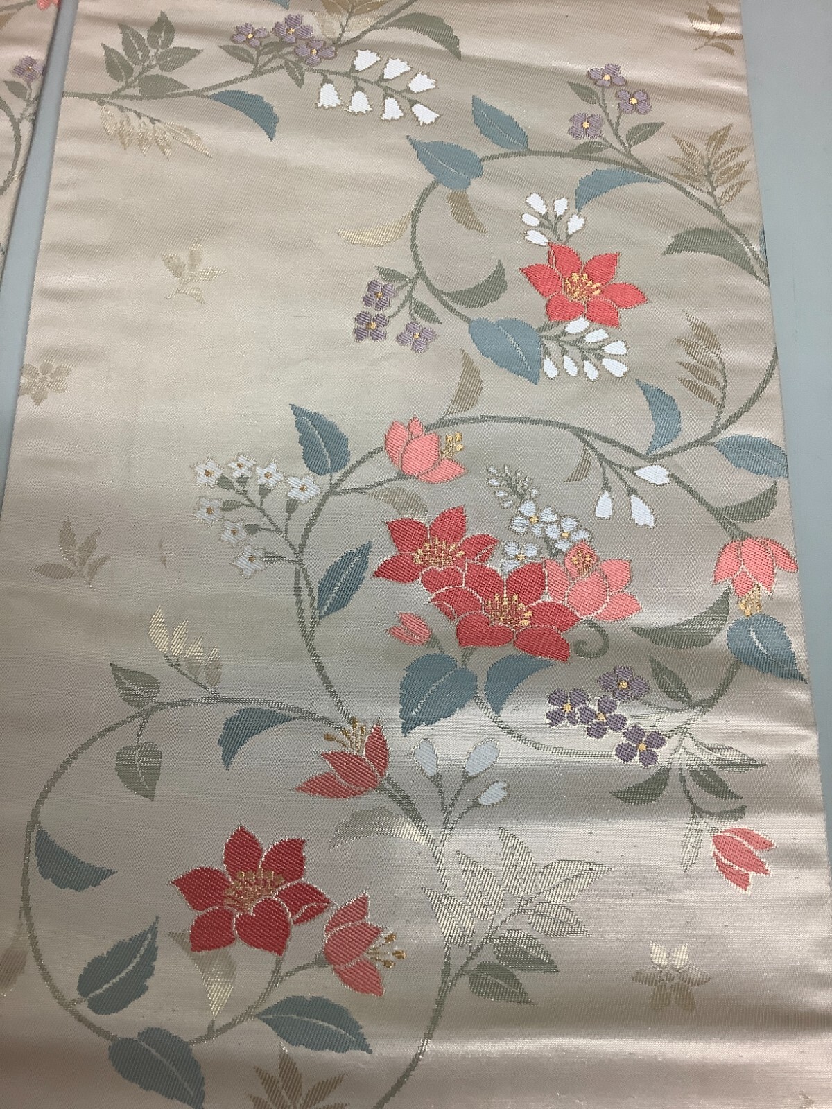 Japanese Vintage Kimono Nagoya Obi pure silk beige flower expensive 142.5×11.8in
