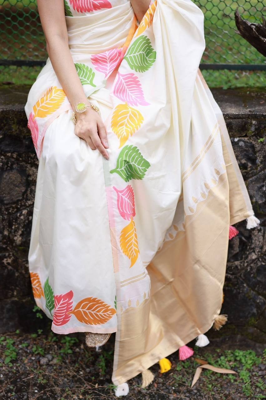 Indian Wedding Saree Cream Soft Silk Multicolor Leaf Print Zari Border Pallu Bol