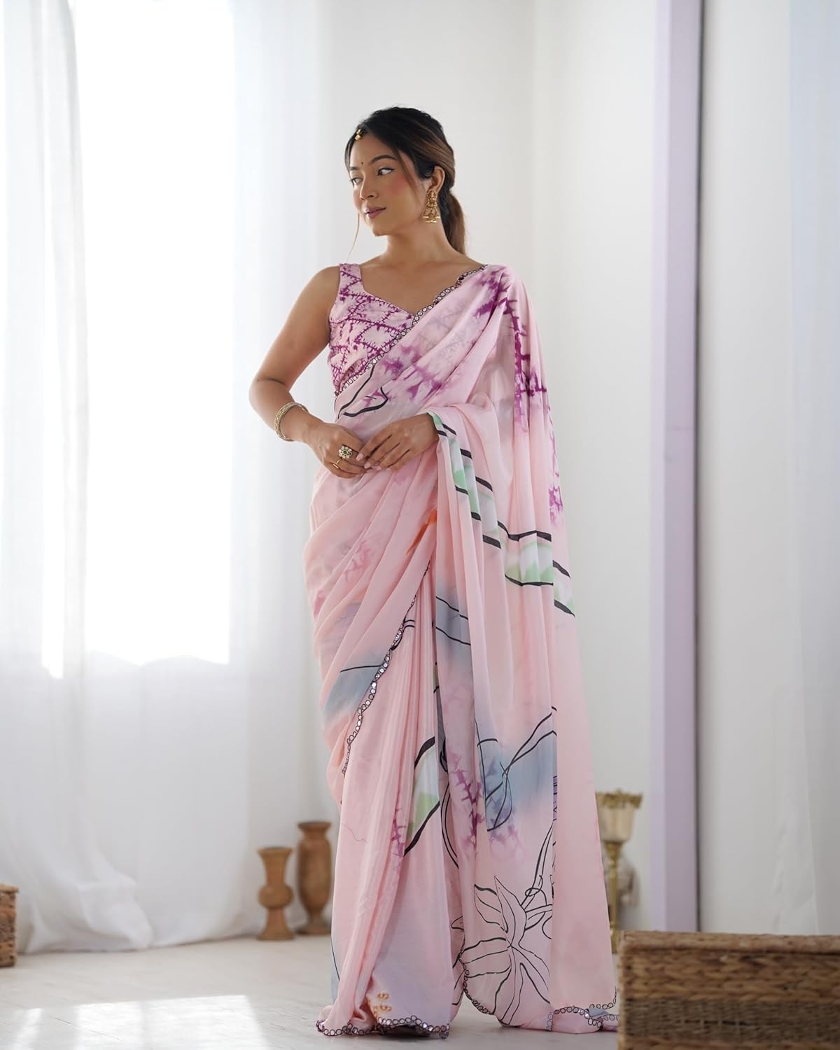 Women’s Chinon Digital Printed Saree with Unstitched Blouse Piece